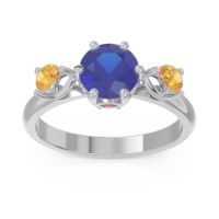 Lab Blue Sapphire Ring In Palladium With Ruby And Citrine Taraggana Round Three-stone Ring