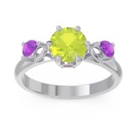 Peridot Ring In 18k White Gold With Garnet And Amethyst Taraggana Round Three-stone Ring
