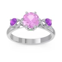 Pink Tourmaline Ring In Palladium With Emerald And Amethyst Taraggana Round Three-stone Ring