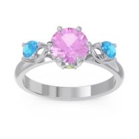Pink Tourmaline Ring In Palladium With Peridot And Swiss Blue Topaz Taraggana Round Three-stone Ring