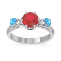 Lab Ruby Ring In Palladium With Black Onyx And Swiss Blue Topaz Taraggana Round Three-stone Ring