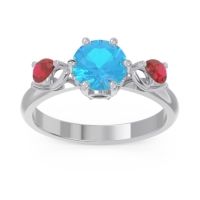 Swiss Blue Topaz Ring In Palladium With Black Onyx And Ruby Taraggana Round Three-stone Ring