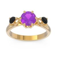 Amethyst Ring In 14k Yellow Gold With Diamond And Black Onyx Taraggana Round Three-stone Ring