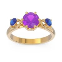 Amethyst Ring In 14k Yellow Gold With Lab Diamond And Blue Sapphire Taraggana Round Three-stone Ring