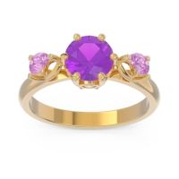 Amethyst Ring In 14k Yellow Gold With Lab Diamond And Pink Tourmaline Taraggana Round Three-stone Ring