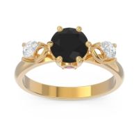 Black Onyx Engagement Ring In 14k Yellow Gold With Amethyst And Diamond - Taraggana Round Three-stone Ring