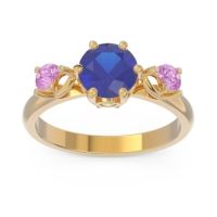 Lab Blue Sapphire Ring In 14k Yellow Gold With Diamond And Pink Tourmaline Taraggana Round Three-stone Ring