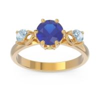 Lab Blue Sapphire Ring In 18k Yellow Gold With Peridot And Aquamarine Taraggana Round Three-stone Ring