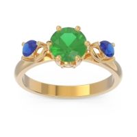 Lab Emerald Ring In 14k Yellow Gold With Lab Diamond And Blue Sapphire Taraggana Round Three-stone Ring