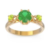 Lab Emerald Ring In 18k Yellow Gold With Peridot Taraggana Round Three-stone Ring