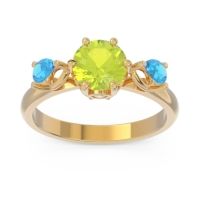 Peridot Ring In 18k Yellow Gold With Diamond And Swiss Blue Topaz Taraggana Round Three-stone Ring