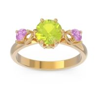 Peridot Ring In 18k Yellow Gold With Pink Tourmaline Taraggana Round Three-stone Ring