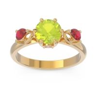 Peridot Ring In 18k Yellow Gold With Pink Tourmaline And Ruby Taraggana Round Three-stone Ring