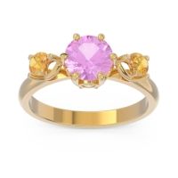 Pink Tourmaline Ring In 14k Yellow Gold With Lab Diamond And Citrine Taraggana Round Three-stone Ring