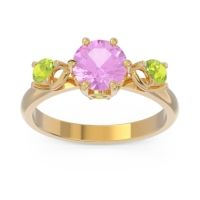 Pink Tourmaline Ring In 18k Yellow Gold With Peridot Taraggana Round Three-stone Ring