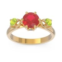 Lab Ruby Ring In 18k Yellow Gold With Blue Sapphire And Peridot Taraggana Round Three-stone Ring