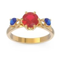 Lab Ruby Ring In 14k Yellow Gold With Peridot And Blue Sapphire Taraggana Round Three-stone Ring