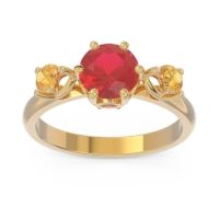 Lab Ruby Ring In 18k Yellow Gold With Ruby And Citrine Taraggana Round Three-stone Ring