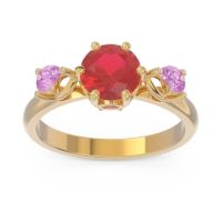 Lab Ruby Ring In 14k Yellow Gold With Ruby And Pink Tourmaline Taraggana Round Three-stone Ring