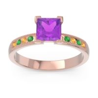 Amethyst Ring In 14K Rose Gold With Citrine And Emerald Avikala Princess Classic Ring