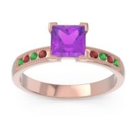 Amethyst Ring In 18K Rose Gold With Emerald And Garnet Avikala Princess Classic Ring