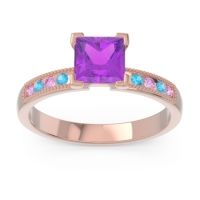 Amethyst Ring In 18K Rose Gold With Pink Tourmaline And Swiss Blue Topaz Avikala Princess Classic Ring