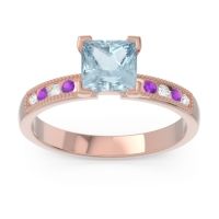 Aquamarine Ring In 14K Rose Gold With Lab Diamond And Amethyst Avikala Princess Classic Ring