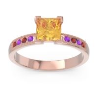 Citrine Ring In 18K Rose Gold With Garnet And Amethyst Avikala Princess Classic Ring