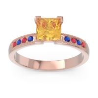 Citrine Ring In 18K Rose Gold With Ruby And Blue Sapphire Avikala Princess Classic Ring