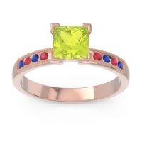Peridot Ring In 18K Rose Gold With Blue Sapphire And Ruby Avikala Princess Classic Ring