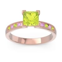 Peridot Ring In 18K Rose Gold With Pink Tourmaline Avikala Princess Classic Ring