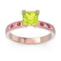 Peridot Ring In 18K Rose Gold With Pink Tourmaline And Ruby Avikala Princess Classic Ring