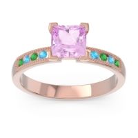 Pink Tourmaline Ring In 18K Rose Gold With Emerald And Swiss Blue Topaz Avikala Princess Classic Ring