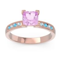 Pink Tourmaline Ring In 14K Rose Gold With Swiss Blue Topaz And Aquamarine Avikala Princess Classic Ring