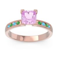 Pink Tourmaline Ring In 14K Rose Gold With Swiss Blue Topaz And Emerald Avikala Princess Classic Ring