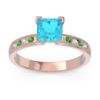 Swiss Blue Topaz Ring In 18K Rose Gold With Aquamarine And Emerald Avikala Princess Classic Ring