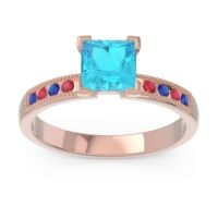 Swiss Blue Topaz Ring In 18K Rose Gold With Blue Sapphire And Ruby Avikala Princess Classic Ring
