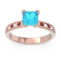 Swiss Blue Topaz Ring In 18K Rose Gold With Lab Diamond And Garnet Avikala Princess Classic Ring