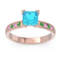 Swiss Blue Topaz Ring In 18K Rose Gold With Pink Tourmaline And Emerald Avikala Princess Classic Ring