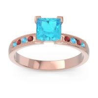 Swiss Blue Topaz Ring In 18K Rose Gold With Garnet Avikala Princess Classic Ring