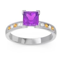 Amethyst Engagement Ring In 14k White Gold With Citrine And Diamond - Avikala Princess Classic Ring