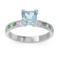 Aquamarine Ring In Platinum With Emerald And Pink Tourmaline Avikala Princess Classic Ring