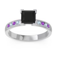 Black Onyx Ring In Platinum With Amethyst And Aquamarine Avikala Princess Classic Ring