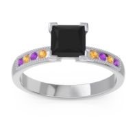 Black Onyx Ring In Platinum With Amethyst And Citrine Avikala Princess Classic Ring