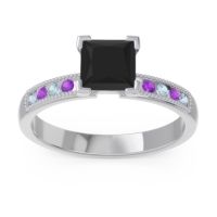 Black Onyx Ring In Platinum With Aquamarine And Amethyst Avikala Princess Classic Ring