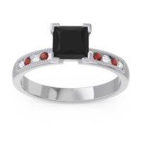 Black Onyx Ring In 18k White Gold With Diamond And Garnet Avikala Princess Classic Ring