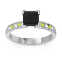Black Onyx Ring In 18k White Gold With Diamond And Peridot Avikala Princess Classic Ring