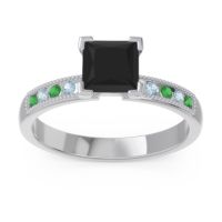 Black Onyx Ring In Platinum With Emerald And Aquamarine Avikala Princess Classic Ring