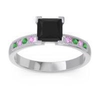 Black Onyx Ring In Platinum With Emerald And Pink Tourmaline Avikala Princess Classic Ring