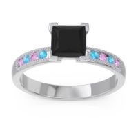 Black Onyx Ring In Palladium With Pink Tourmaline And Swiss Blue Topaz Avikala Princess Classic Ring